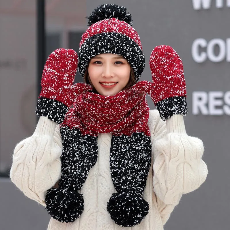 Chapeaux en laine pour femmes, mode coréenne, tendance, doux et joli, tricoté, écharpe, gants, ensemble de trois, hiver