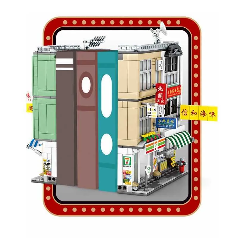 SEMBO シティストリートビューレトロ香港食品店フィギュアビルディングブロッククリエイターエキスパートハウス照明レンガ建築おもちゃ Q0624