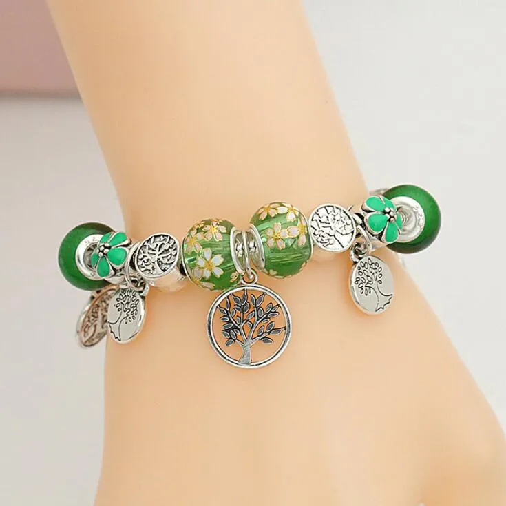 European and American New Olive Green Flower Bracelet Forest Wind Tree Seedling Pendant Large Hole Crystal Beaded Ancient Silver B9469898