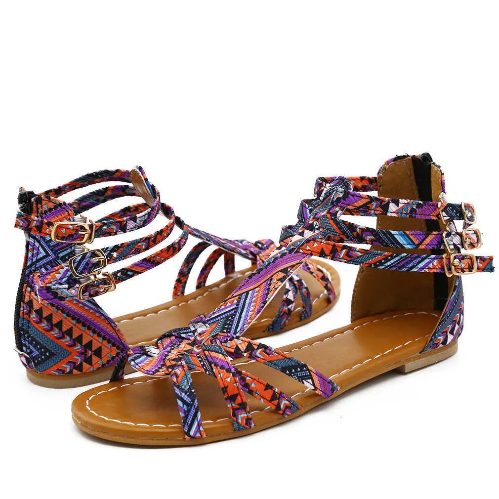 Femmes chaussures plates été bohème gladiateur romain sandale Boho Sandalias Mujer coloré femme plage chaussures plates Y0721