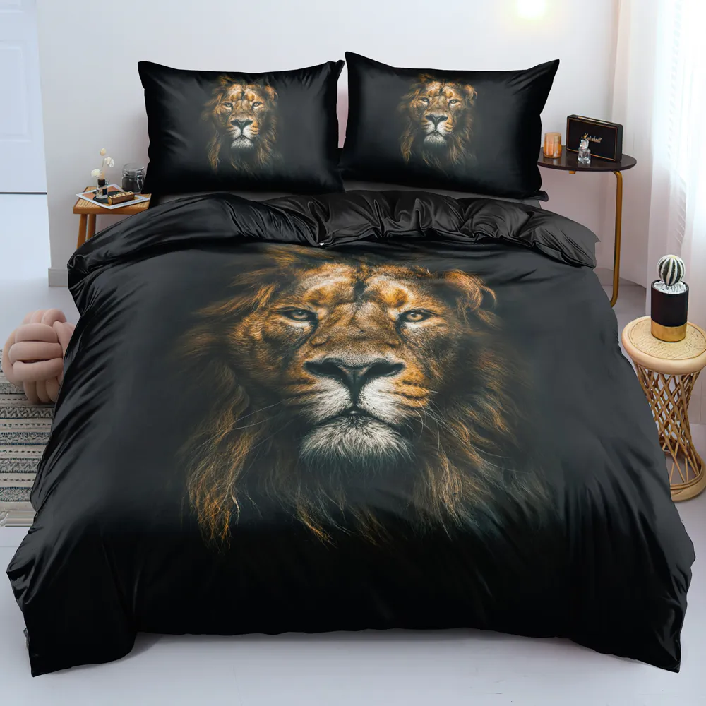 Copripiumino leone 3D Imposta biancheria da letto nera Fodere cuscini King Queen Super King Twin Double Full Size 180 * 200 cm Animal Home Textile 210309