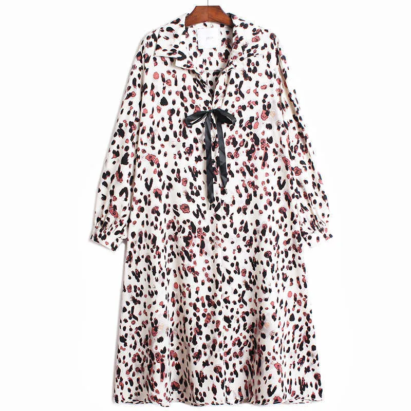 Spring Loose Retro French Long Fashion Rope Bow Leopard Print Dresses Women 210615