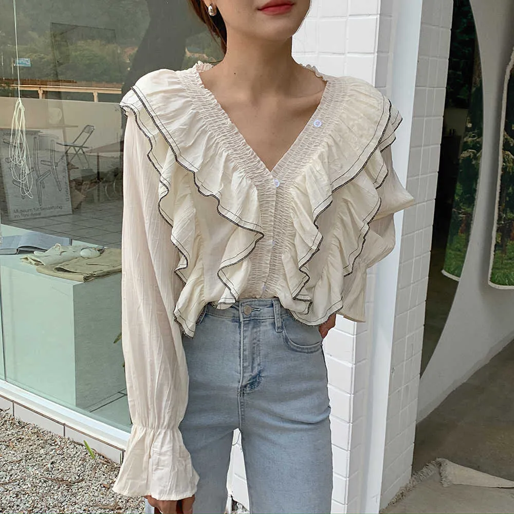 Cute morel Color-Hit Luźne Topy Femme Casual Vintage Elegance Sweet Ruffles Spring Girls Shirts Clothe 210525