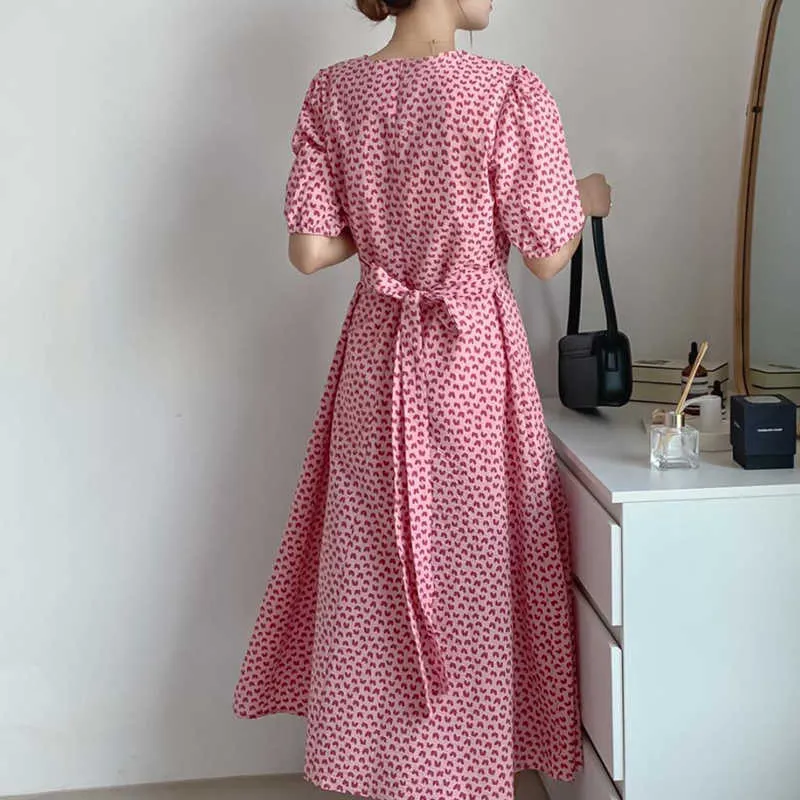Yitimuceng robes à imprimé fleuri pour femmes été pansement mode coréenne Boho robe mi-longue à manches courtes bouffantes robe d'été rose 210601
