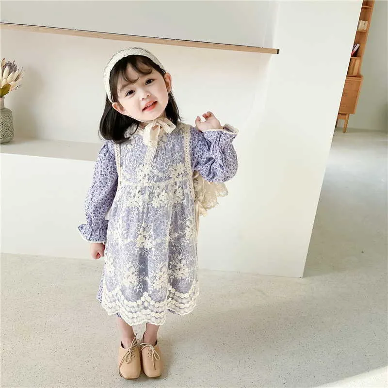 Koreaanse stijl lente kinderen meisjes jurk 2-pcs sets lace Smock + floral prinses kinderen schattige kleding E9048 210610