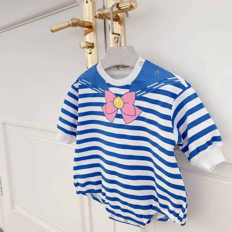 Spring Baby Girl Bodysuit Cartoon Bow Striped Jumpsuit born Cute Style Kids Clothes E20 210610