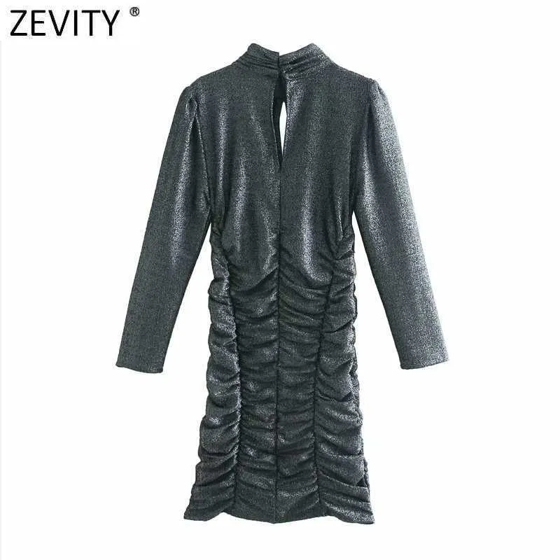 Zevity Femmes Col Roulé Col Couleur Métallique Minceur Plissée Mini Robe Femme Manches Longues Avant Trou Robe Tissu DS4693 210603