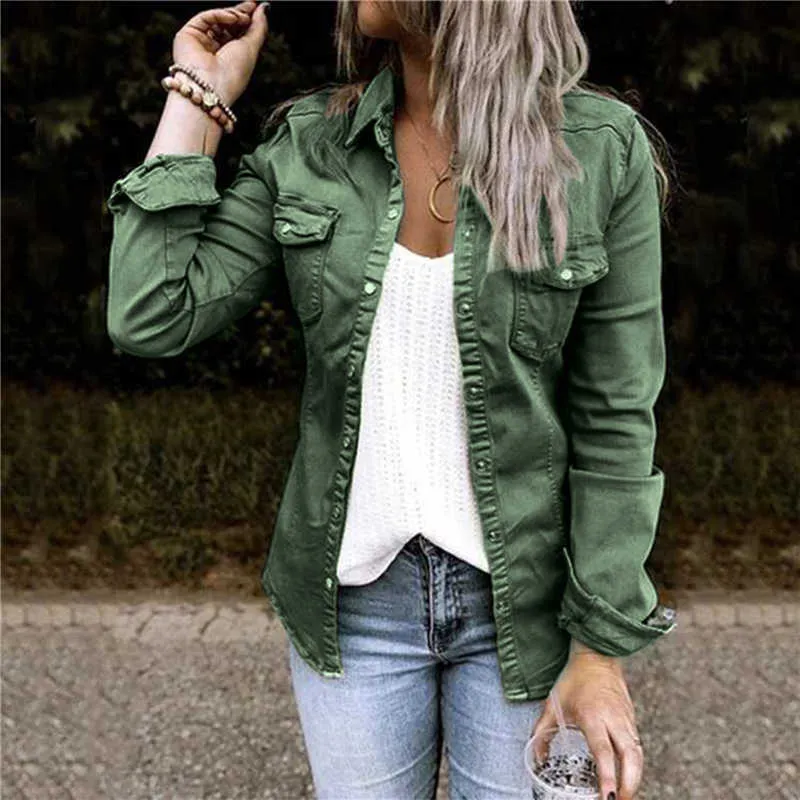 Fashion Denim Thin Coats For Women Autumn Spring Single Button Outerwear Tops Slim Jeans Jackets Plus Size XXL 210922