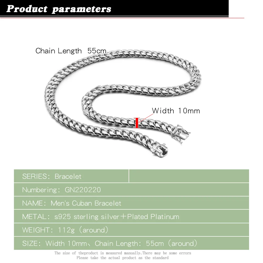 ファッション10mmメンズネックレススターリングシルバー925ジュエリーキューバリンクチェーンハンサムクールな男性ネックレスギフトx0509234d