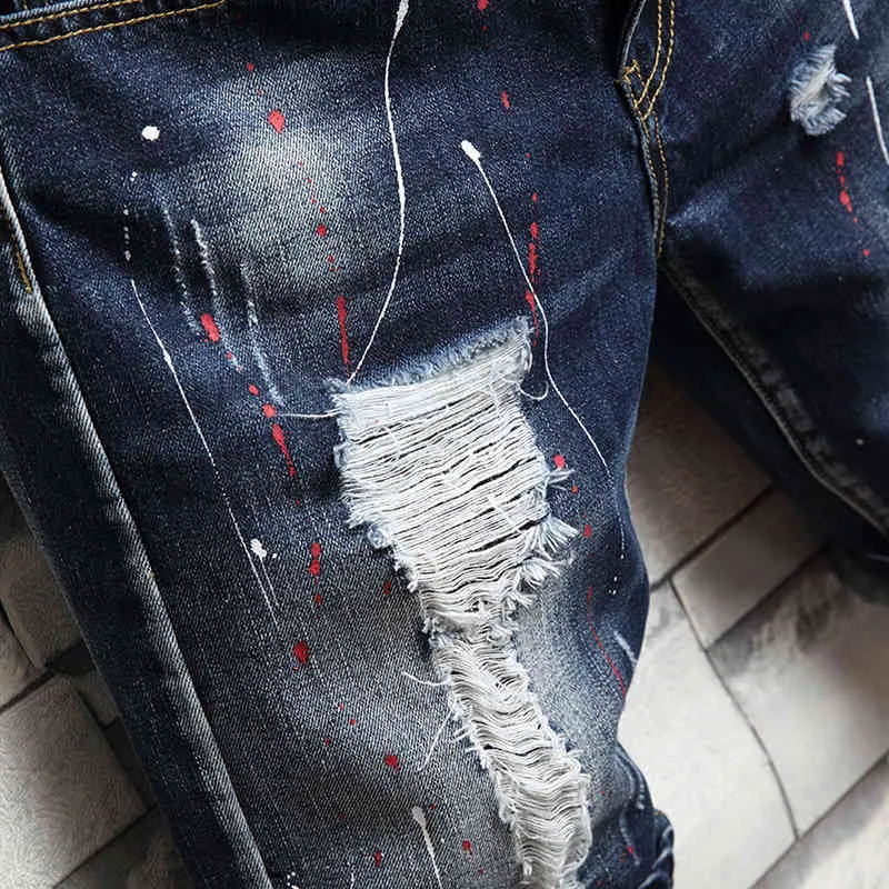 Sommarfärg graffiti Nya sommar Mäns Shorts Splash Bläck Fem-Point Casual Pants Washed Distressed Denim