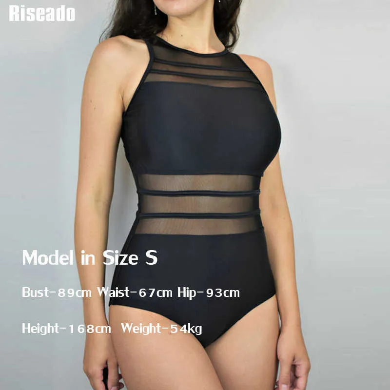 Riseado Black Mesh Swimsuit Kobiety Stroje Kąpielowe Seksowna Wysoka Neck Kostium Kąpielowy Backless Plus Size XXL 210611