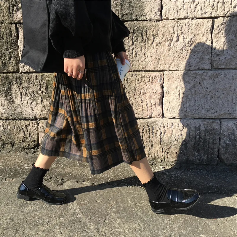 Vintage Plaid plissé jupe longue femmes hiver Punk Rock coréen laine jupe Streetwear cordon élastique taille Midi jupe 210315