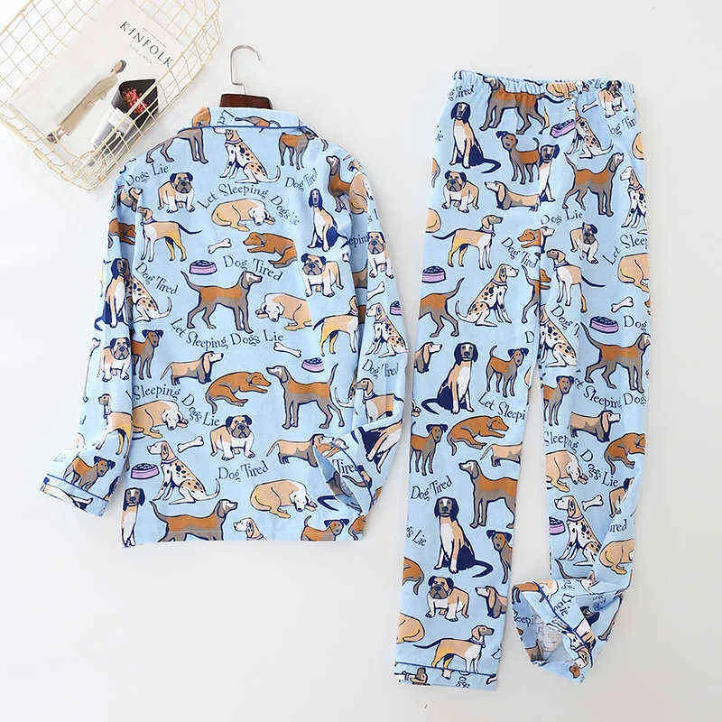 Mujeres Men Pajamas Estampado de perros Cotton Pijama 2 piezas Conjunto de pantalones elásticos de manga larga