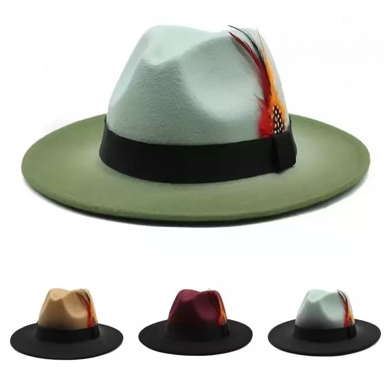 Stingy Brim Hats Matching Color Gradient Feather Jazz Hat Lady039s Woolen Tweed Top Men039s And Women039s Outdoor Felt1478006