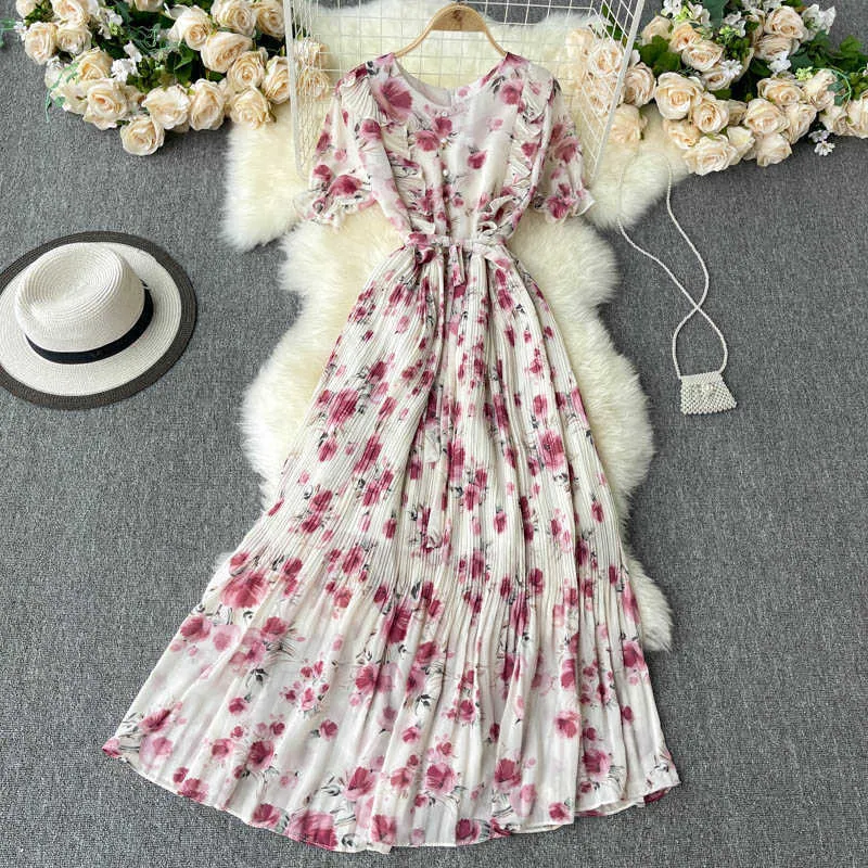 Verão Bohemian Férias Chiffon Vestido Longo Mulheres Preto / Azul / Rosa / Bege Plissado Vestidos Feminino Ruffle Robe 2021 Nova Moda Y0603