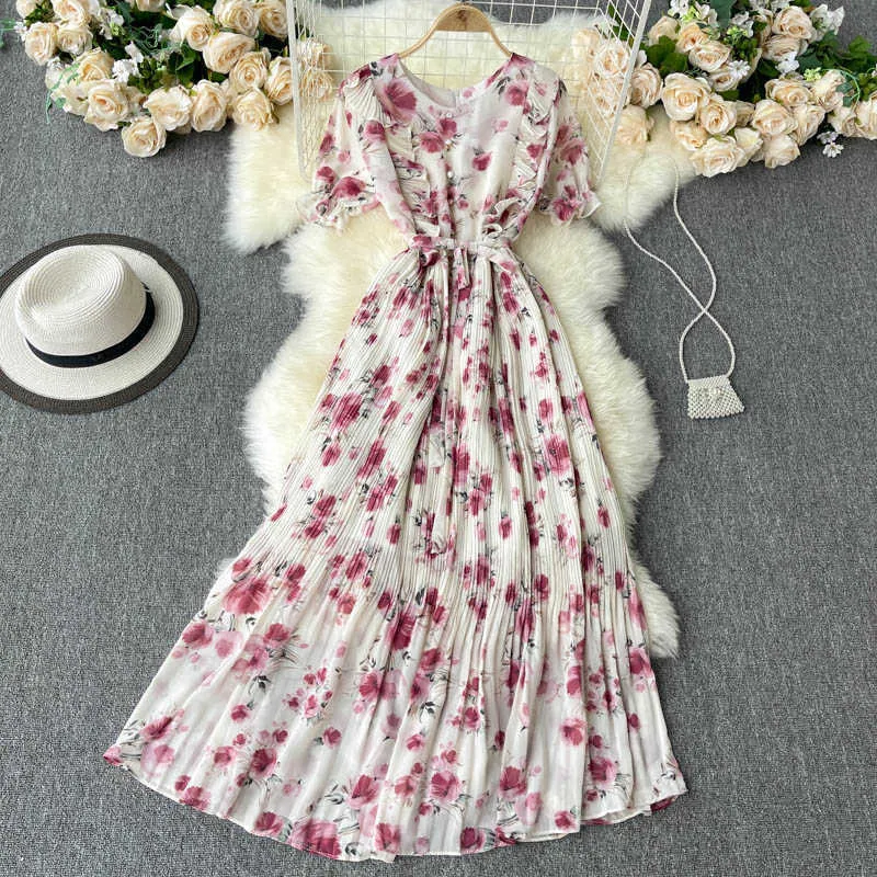 Zomer bohemien vakantie chiffon lange jurk vrouwen zwart / blauw / roze / beige geplooid vestidos vrouwelijke ruche robe 2021 nieuwe mode y0603
