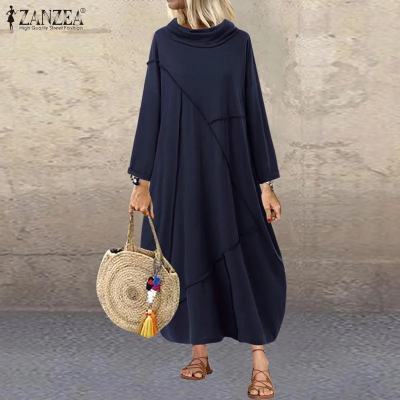 Artı Boyutu kadın Patchwork Sundress ZANZEA 2021 Vintage Hoodies Elbise Rahat Uzun Kollu Maxi Vestidos Kadın Turtleneck Robe X0521