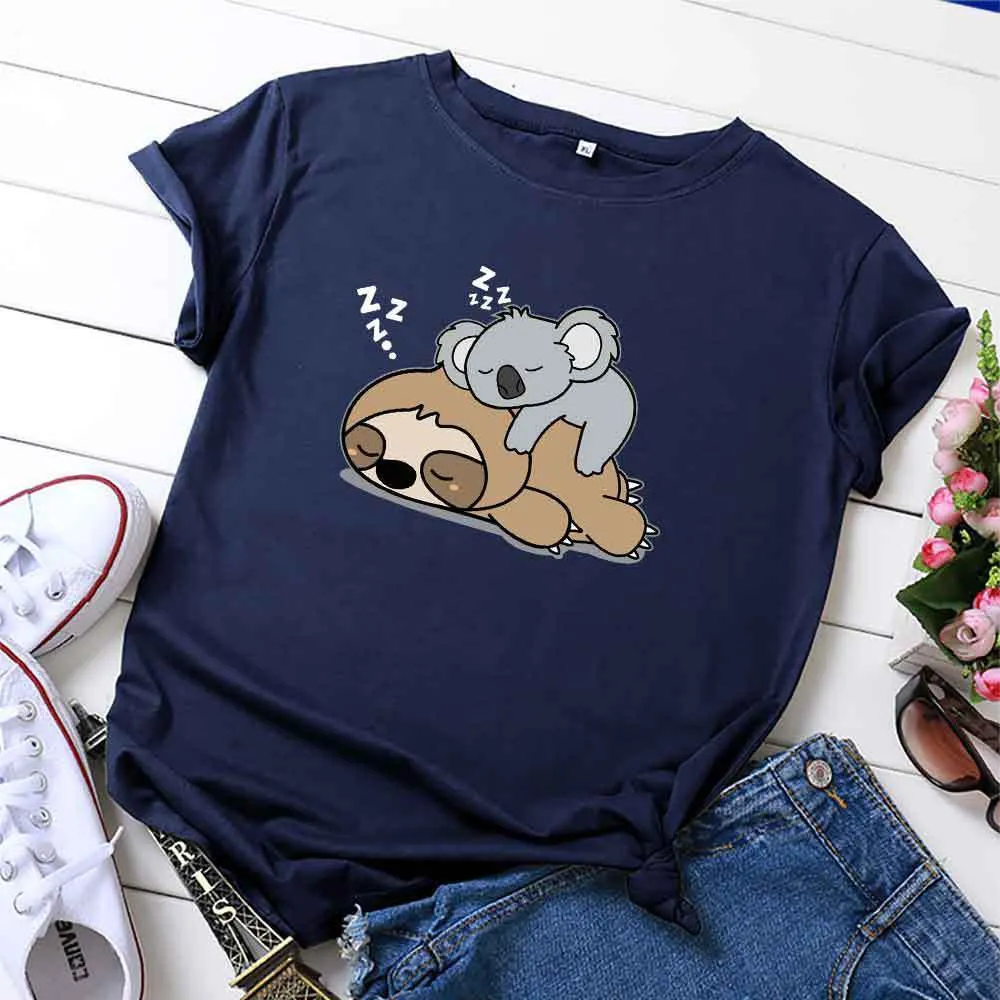 Koala sloth tryckta t-shirt kvinnor söt grafisk tees bästa vänner rolig t-shirt kortärmad sommar streetwear bomull t-shirts 210304