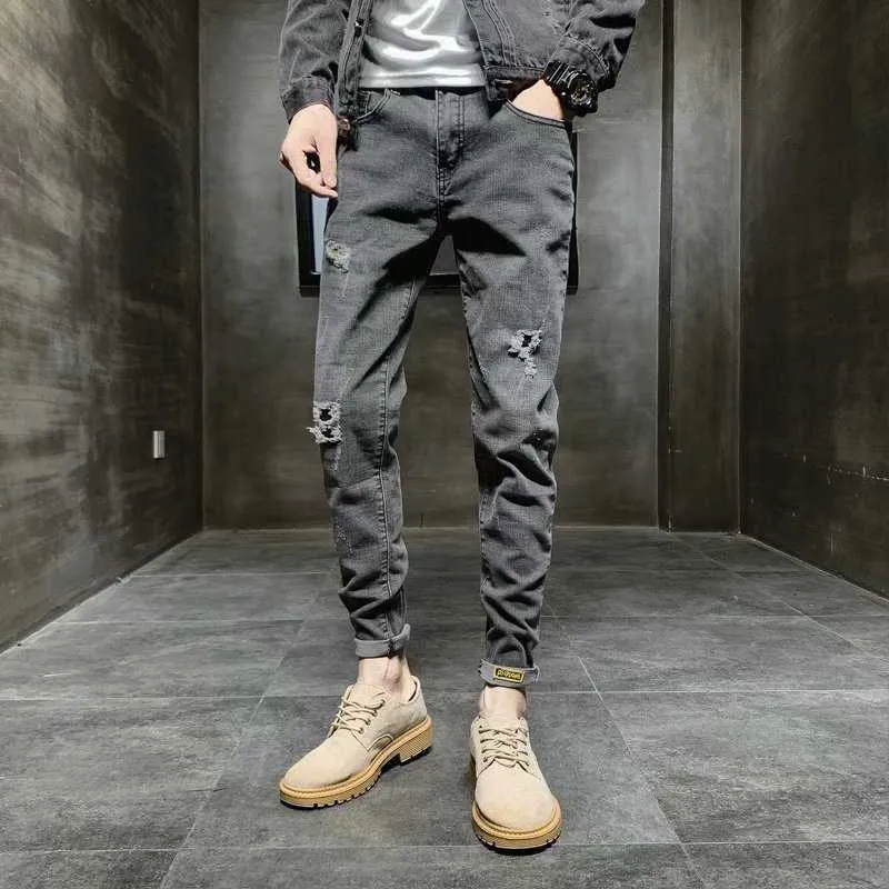 Оптовая продажа 2020 мода хип-хоп улица груз темно-серый стираемый не железный хлопок разорвал среднего роста мужского подростка тощий джинсы хзтон x0621