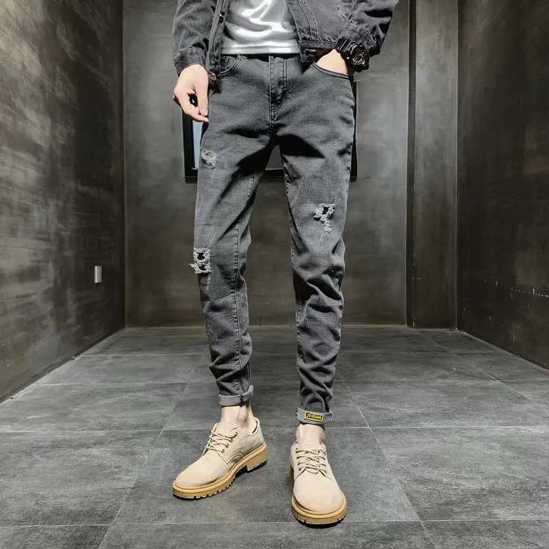 Commercio all'ingrosso 2020 moda hip hop street cargo grigio scuro lavato cotone non stirato strappato jeans skinny da uomo a vita media homen X0621