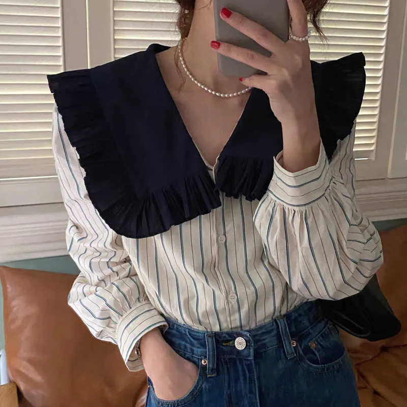 Elegance Fashion Retro Office Lady Striped Long Sleeves Sweet Girls Shirts Femme Casual Tops Clothe 210525