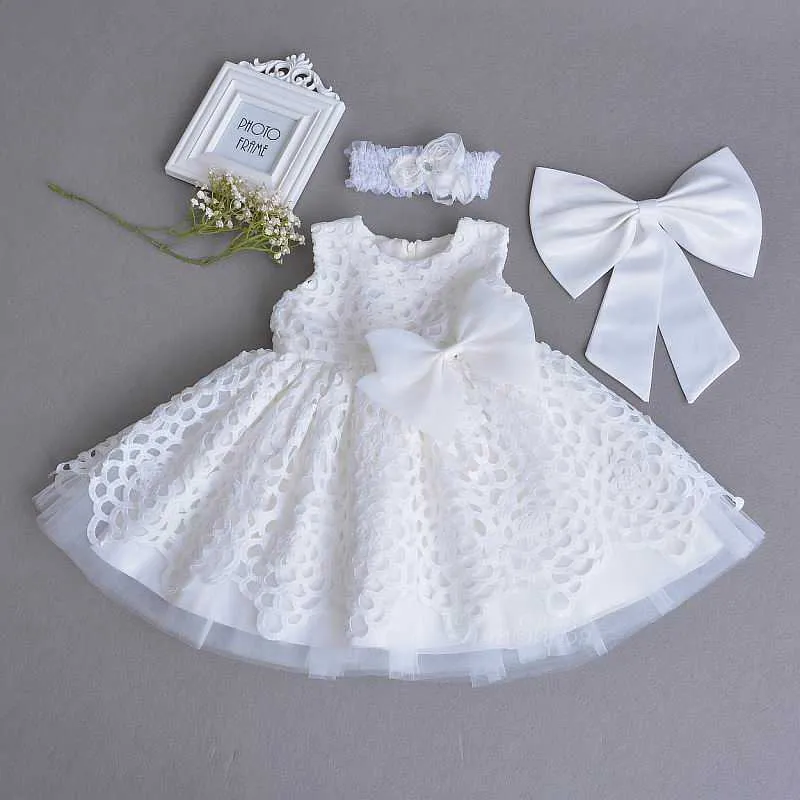 Retail Baby Girl Batening Vestido Lace Branco Primeiro Aniversário Primeiro Aniversário Divertido Vestido Headband Kids Roupas 0-2Y E70106 210610