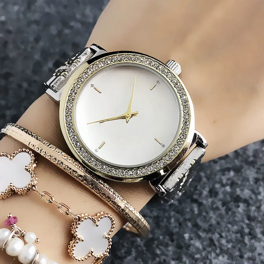 Brand Quartz Wrist Watch For Women Girl Big Letters Crystal Metal Steel Band Watches M677579595