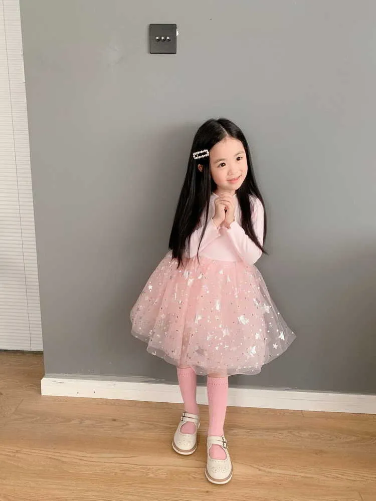 Retail Sequins Star Girls Dressess Fall Full Sleeve Glitter Tulle Princess för Baby Kläder 2-8T sk005 210610