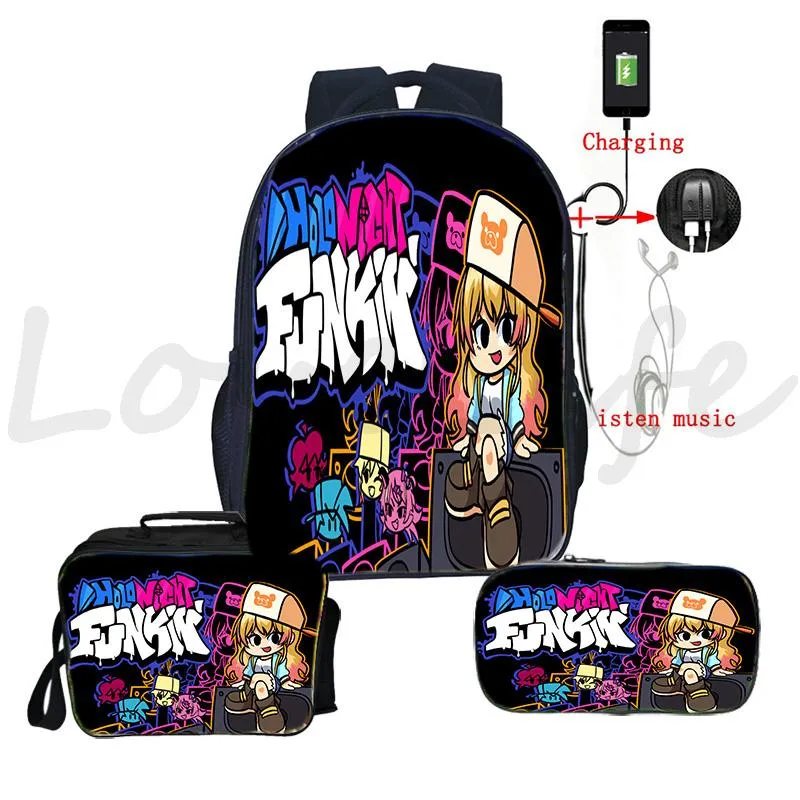 Plecak Set Fiff Night Funkin Piękny 3D BŁĄD BŁODOWY BOUS Girl School plecaks USB Charge Travel Knapsack Lunch Box 2682