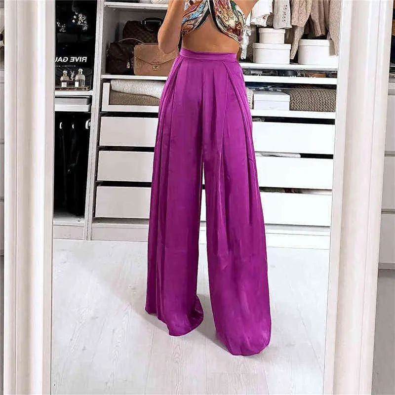 NWOMN Za femmes pantalons à jambes larges été ample taille haute femme violet Satin grande taille pantalon Streetwear pantalon 211115