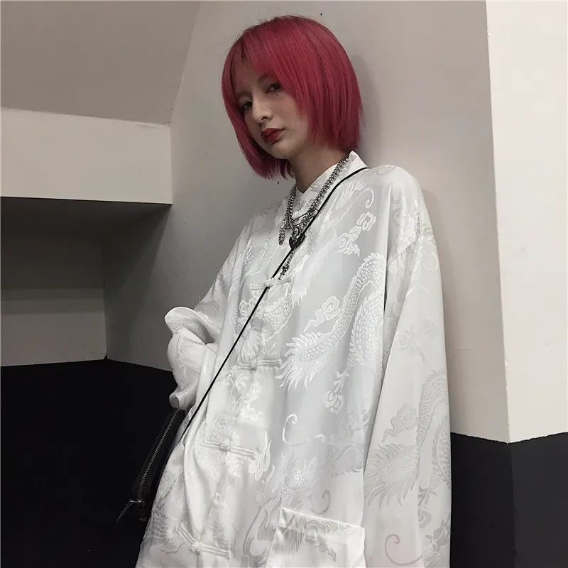 Frauen Mann Bluse Drachen Print Harajuku Streetwear Chinesischen Stil Stehkragen Schnalle Vintage Schwarz Weiß Hemd Blusas 210412