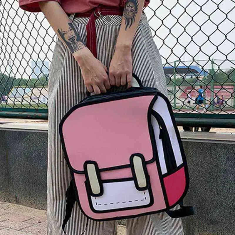 Creative Women 2D Drawing Backpack Cartoon School Bag Comic Bookbag for Teenager Girls Daypack Travel Rucksack Y1105