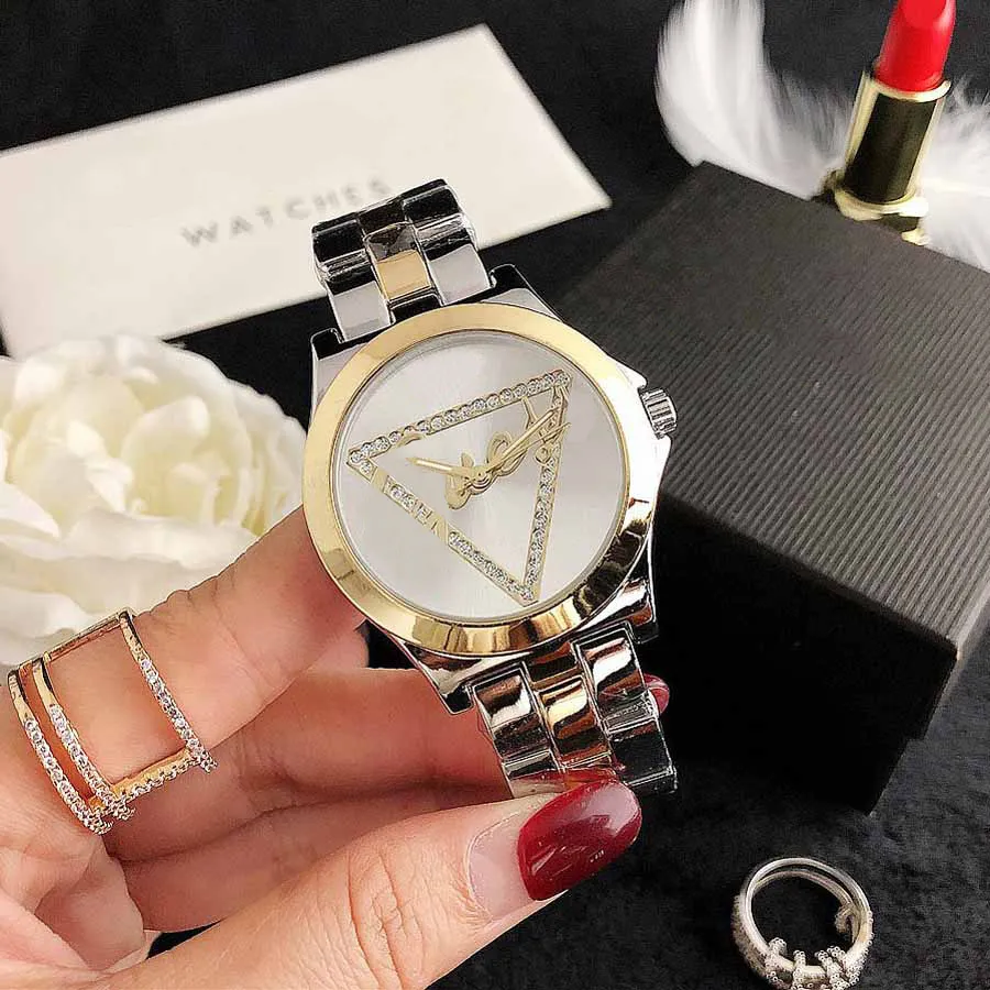 Brand Watch Women Girl Crystal Triangle Style Metal Steel Band Quartz Write Watches GS 37215G