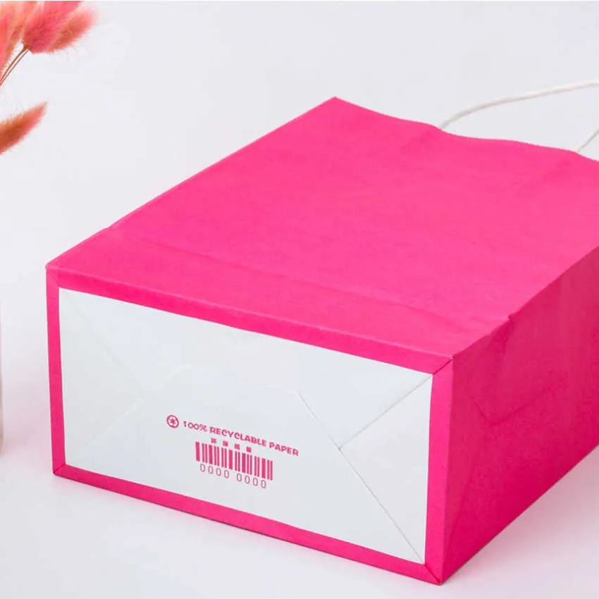 10 Pz / lotto Borsa Kraft Regalo Festival Borse la spesa rosa Sacchetto di carta riciclabile multifunzione fai-da-te con manici 7 dimensioni Opzionale 210724