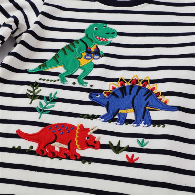 Springende meter lange mouwen dinosaurussen t-shirts voor baby herfst lente kleding katoenen streep dieren applique jongens meisjes top tees 210529