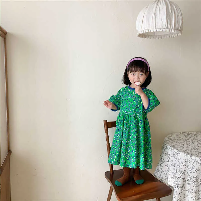 Style coréen mignon enfants floral à manches courtes robe bébé filles lâche décontracté longues robes 2-6Y 210615