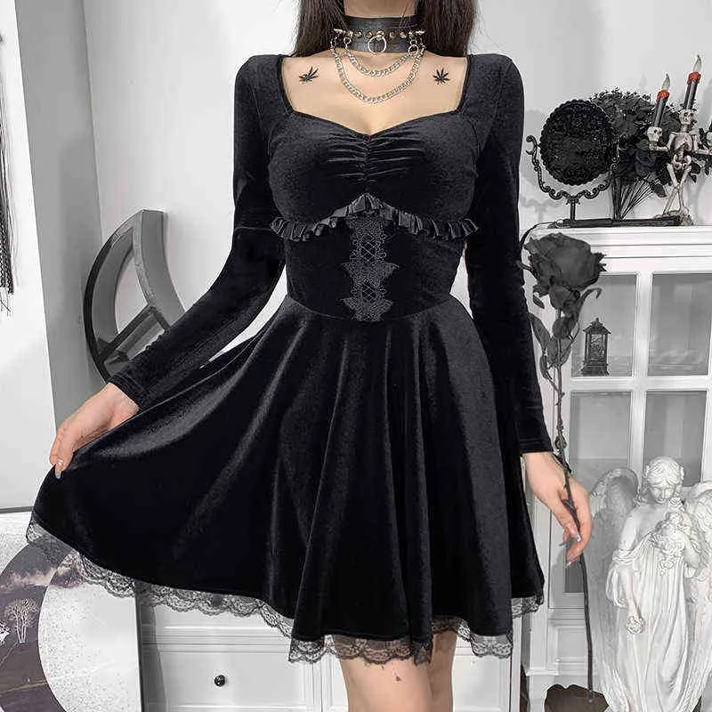 Velvet Lace Mini Dress 2022 Kobiety Z Długim Rękawem Krótka Spódnica Suknia Ciemny Styl Motyl Haft Koronki Wysoka Talia Sxhlyq489 Y220214