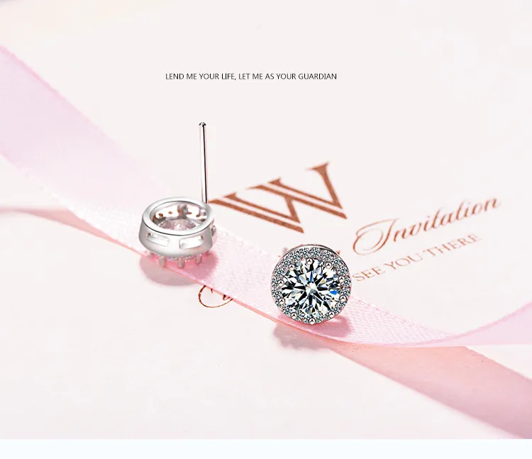 Original 925 Silver Charm Stud Earrings Women Girl Gift Solitaire 1 CT Carat Zirconia Diamond Earring Jewelry XED518256P
