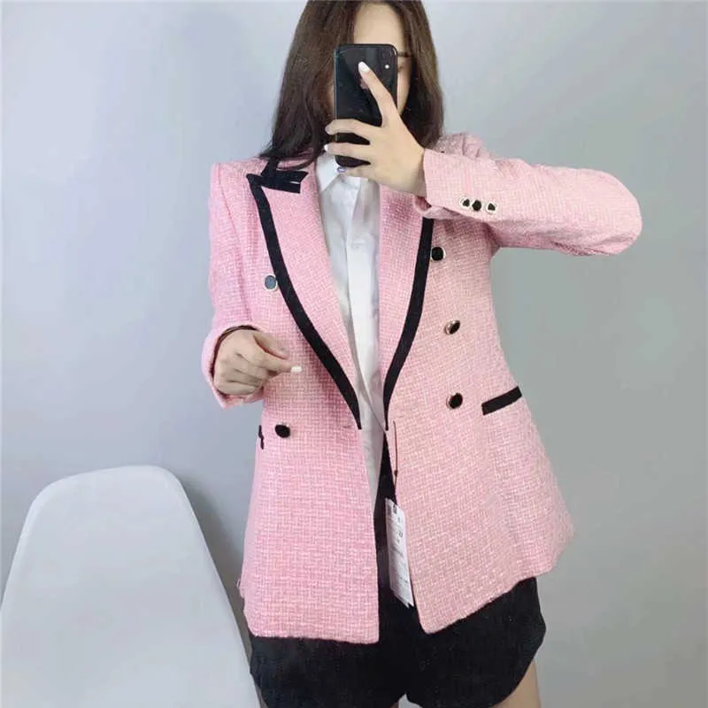 ZA Elegant Pink Textured Blazer Women Long Sleeve Contrast Piping Double Breasted Blazers Woman Fashion Cute Coat Outerwear 211006