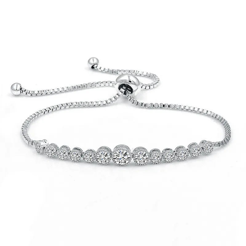 Rodada brilhando zircão colorido cordão ajustável para mulheres s925 pulseira de prata fine jewelri
