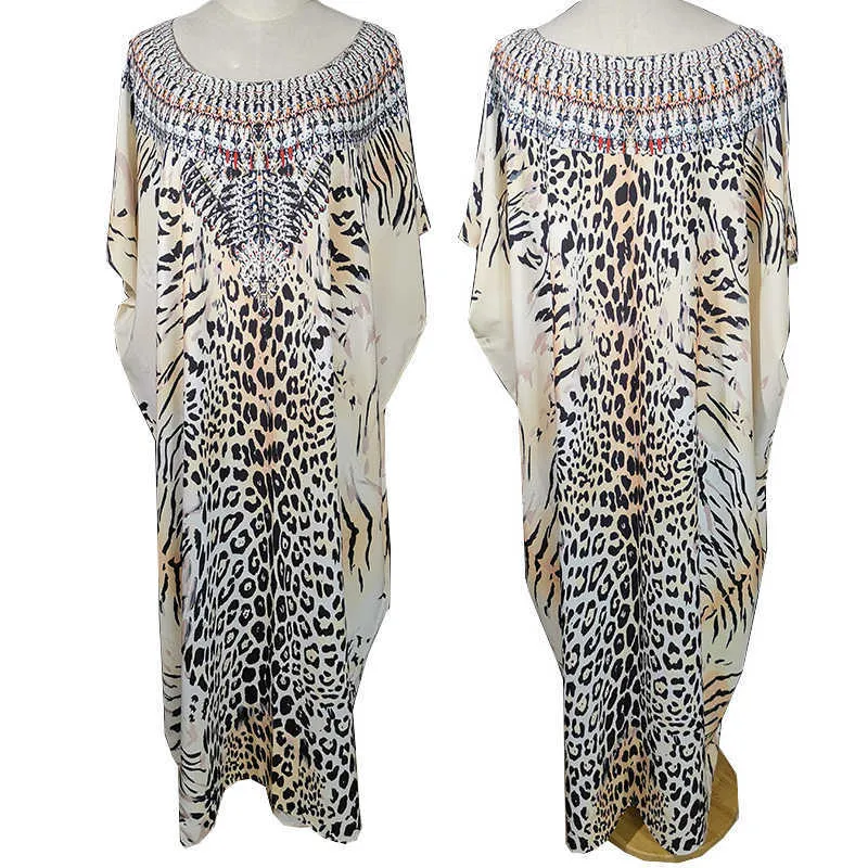 Leopard Print Swimsuit Cover Up Plus Size Bohemian Maxi Dress Pareos de Playa Mujer Kaftan Sarong Tunika för Beach Badkläder 210722