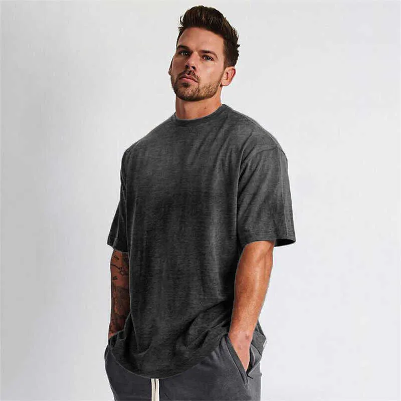 Gym Kleding Fitness Mens Oversized T-shirt Mannen Hip Hop Sportkleding Losse Half Mouw T-shirt Muscle Man Bodybuilding Tshirt 210629