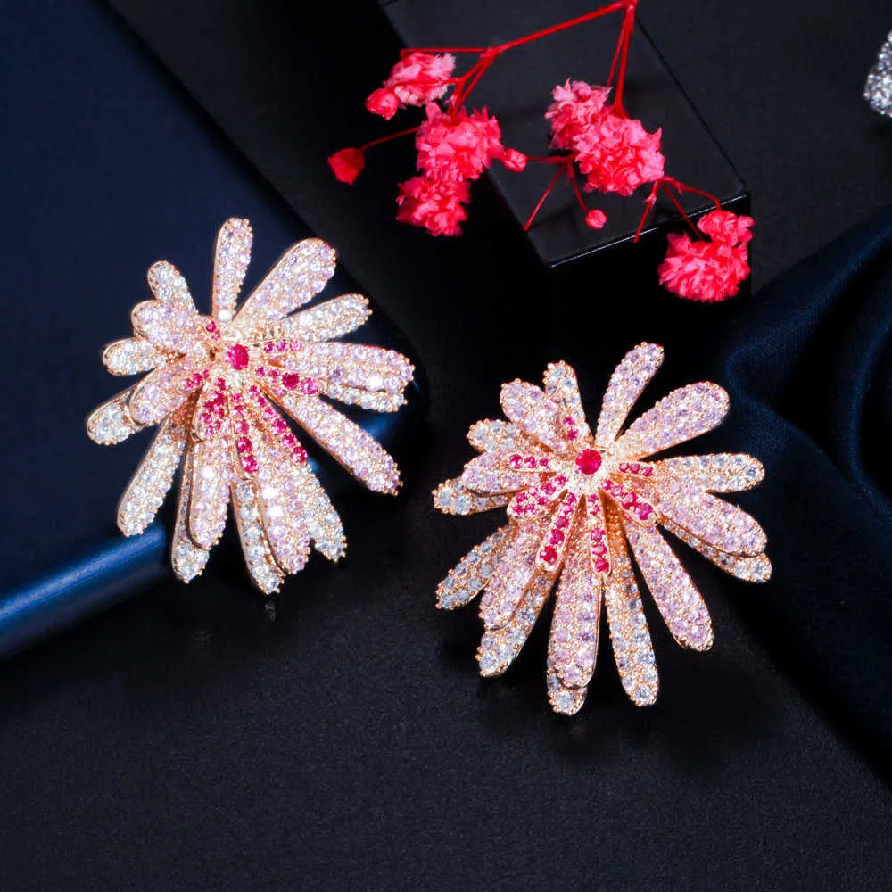 Boucles d'oreilles en zircone cubique rouge rose de styliste Unique, pavé de grandes fleurs géométriques pour femmes, bijoux de Costume de luxe CZ884 2107142414424