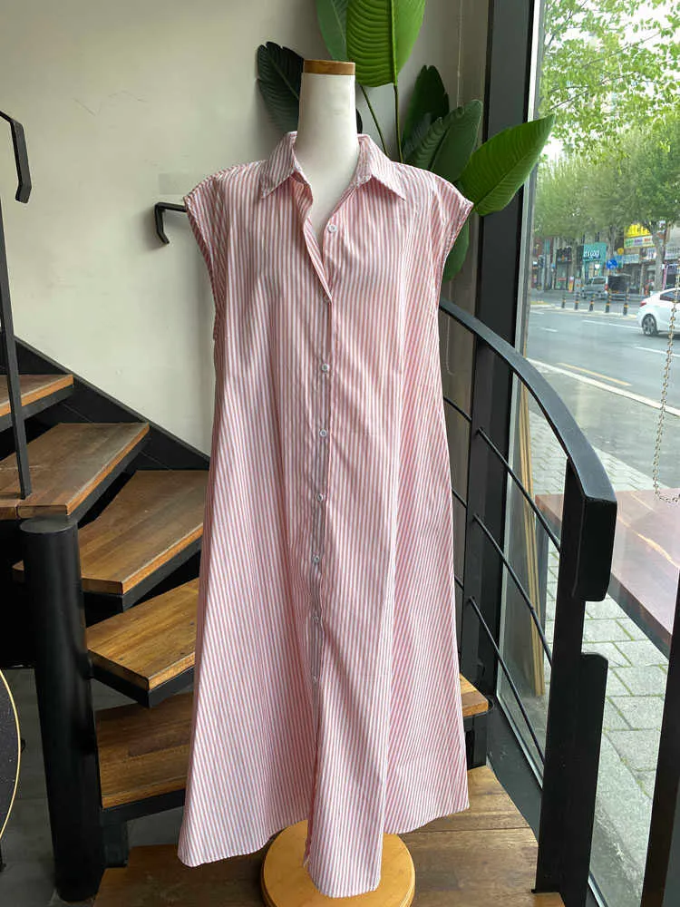 Elbiseler Yaz Yaka Kolsuz Çizgili Gömlek Elbise Kadın Tek Göğüslü Moda Lace Up Bel Orta Rahat Vahşi Vestidos Mujer 210610