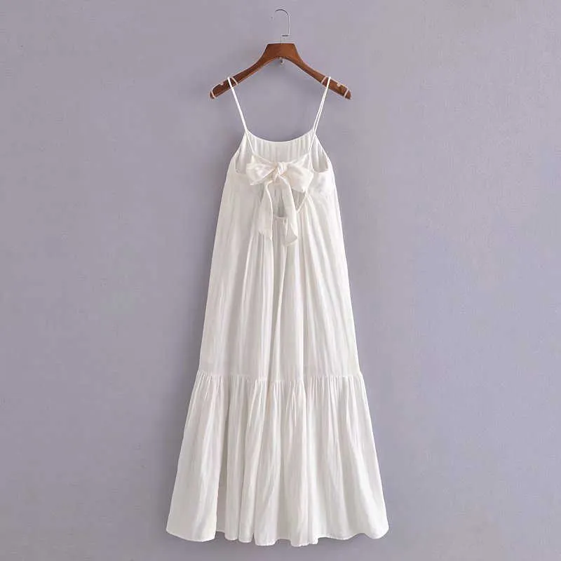 Women White Backless Summer Dress Za Sleeveless Straps Sexy Tiered Midi Dresses Woman Chic Bow Elastic Pleated Party Dress 210602