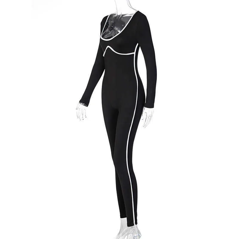 Colysmo осень черный комбинезон цвет блокировки лоскутное bodycon с длинным рукавом комбинезон вязаный паунчик женщины шикарные спортивные одежды 210527