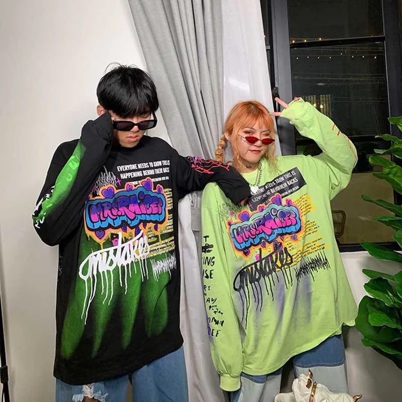 NiceMix Fashion Coreano Streetwear Ladies Autunno Punk Tops Tees Donna T-shirt a maniche lunghe stampate Abbigliamento casual Hip Hop 210306