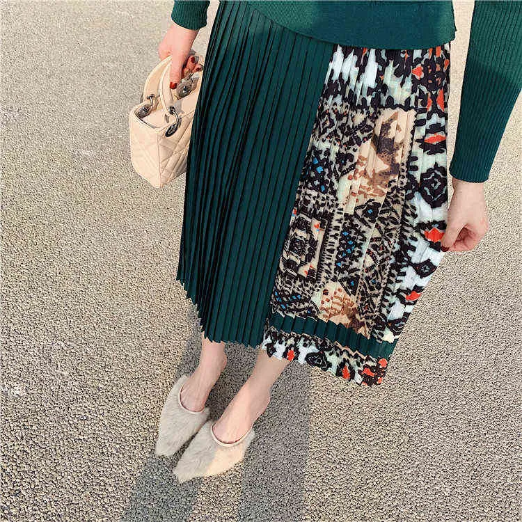 Banulin 2021 Neue Frühling Herbst Elegante Gestrickte Patchwork Plissee Midi Kleid Frauen Langarm Retro Runway Druck chic Kleider G1214