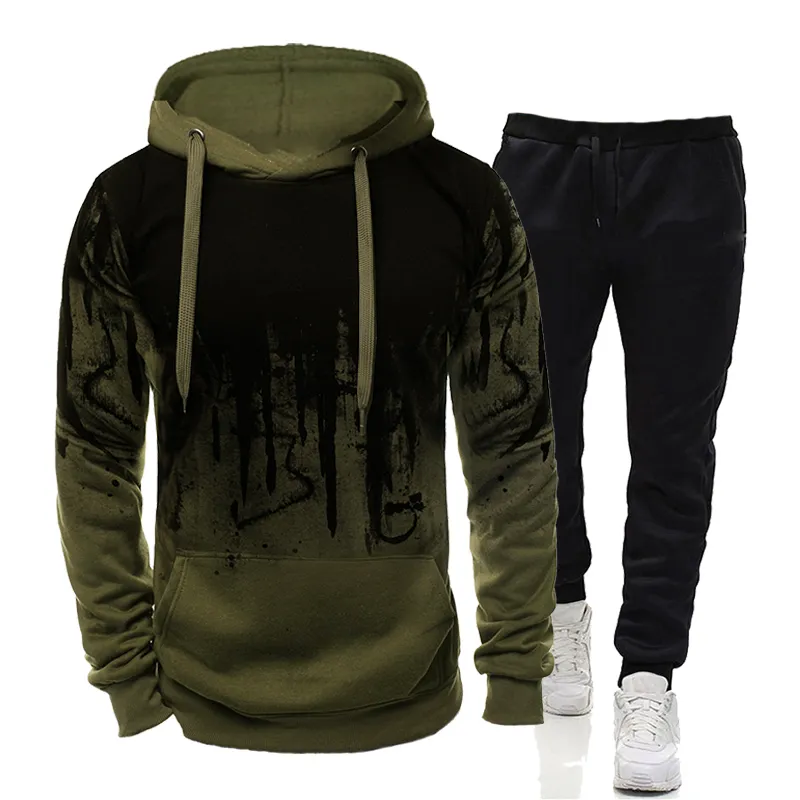 Herrens träningsdräkt Casual Camouflage Hoodies and Pants Two Piece Set Outdoor Sweatshirt Set Fashion Jogging Suits Male Clothing 220310