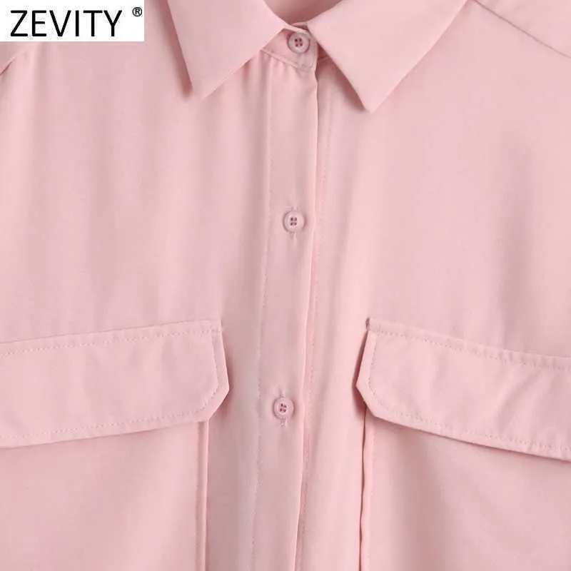 ZEVITY Kadınlar Vintage Çift Cepler Yama Rahat Smock Bluz Kadın Uzun Kollu Tek Göğüslü Gömlek Chic Chemise Tops LS9257 210603
